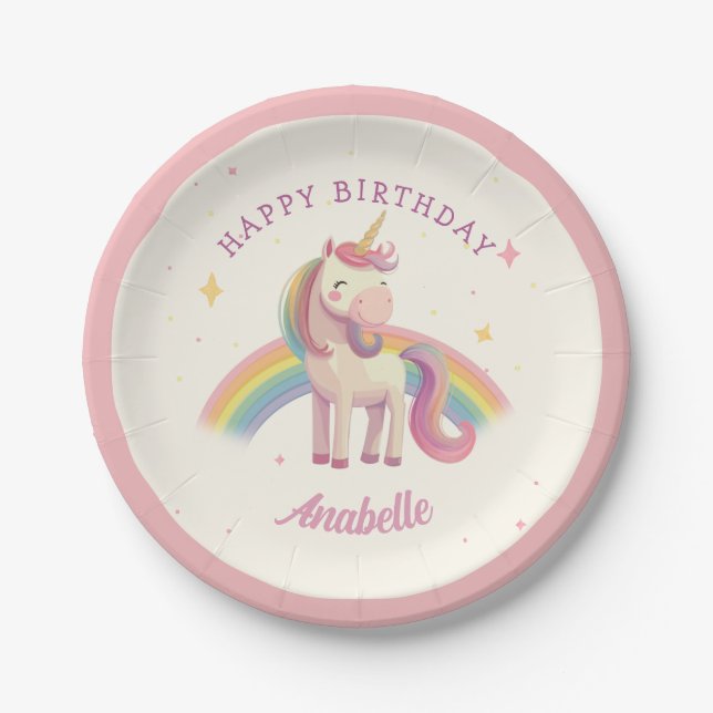 Pastel Rainbow Unicorn Birthday Party Paper Plates (Front)