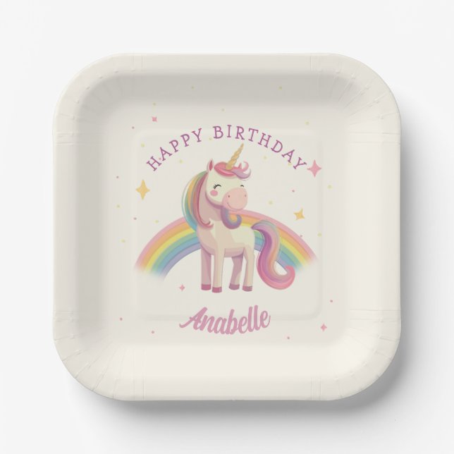 Pastel Rainbow Unicorn Birthday Party Paper Plates (Front)