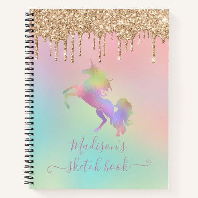  Pastel Rainbow Unicorn Dripping Gold Glitter  Notebook (Front)