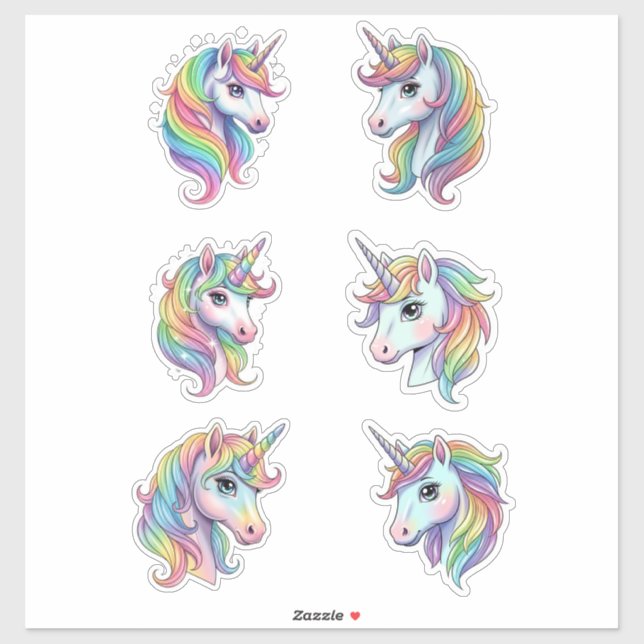 Pastel Rainbow Unicorn Faces Vinyl Sticker (Sheet)