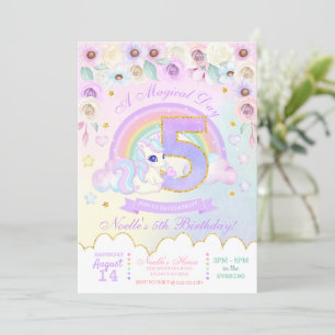 Pastel Rainbow Unicorn Fifth Birthday Invitation