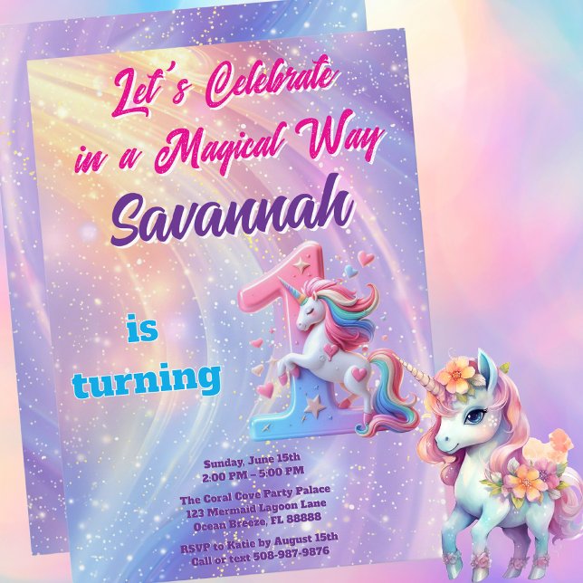 Pastel Rainbow Unicorn First Birthday Invitation (Magical Unicorn Birthday Party Invitation)