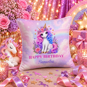 Pastel Rainbow Unicorn Girl Birthday Keepsake Pill Throw Pillow