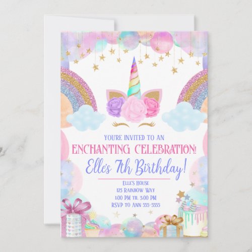 Pastel Rainbow Unicorn Girls Birthday Invitation