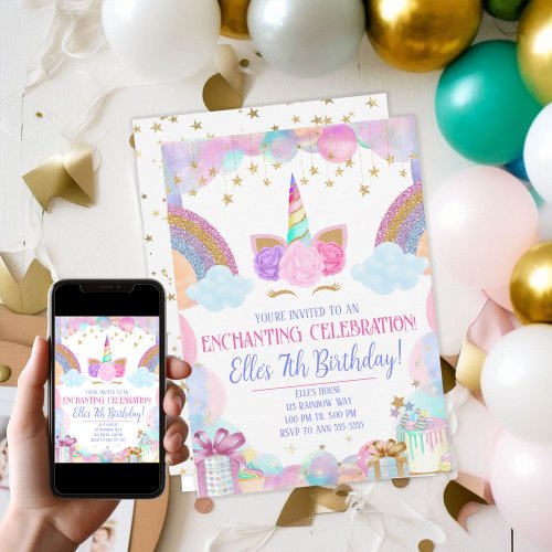 Pastel Rainbow Unicorn Girls Birthday Invitation