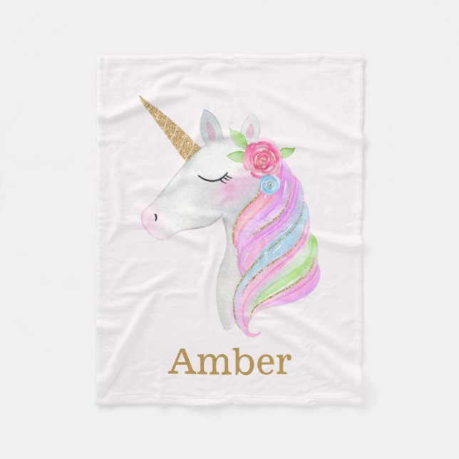 Pastel Rainbow Unicorn Girls Personalized Name Fleece Blanket (Front)