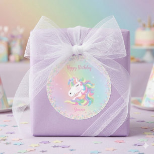 Pastel Rainbow Unicorn Happy Birthday Classic Round Sticker