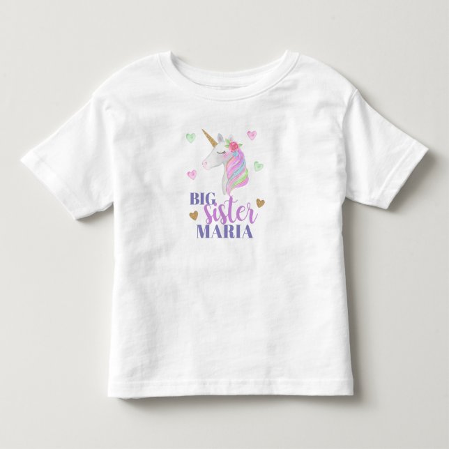 Pastel Rainbow Unicorn & Hearts Big Sister Toddler T-shirt (Front)