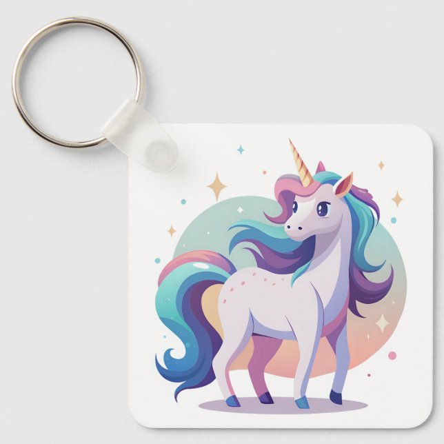 Pastel rainbow unicorn in cartoon style keychain (Front)