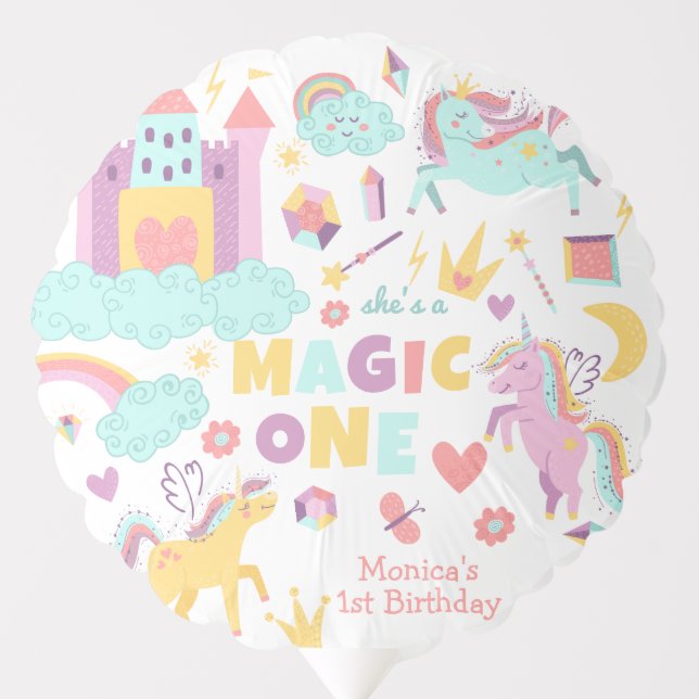 Pastel rainbow unicorn magic one birthday balloon (Front)