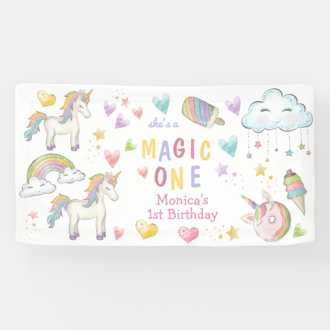 Pastel rainbow unicorn magic one birthday banner (Horizontal)