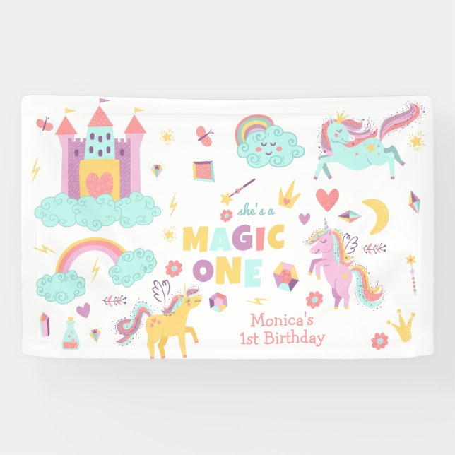 Pastel rainbow unicorn magic one birthday banner (Horizontal)