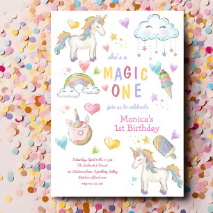 Pastel rainbow unicorn magic one birthday invitation