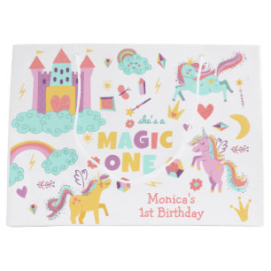 Pastel rainbow unicorn magic one birthday large gift bag