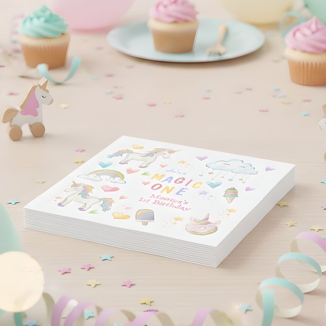 Pastel rainbow unicorn magic one birthday napkins (Creator Uploaded)