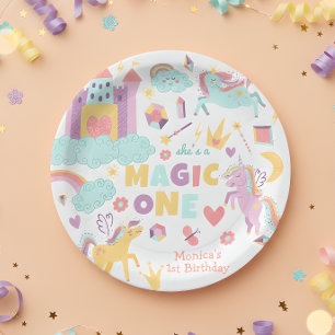 Pastel rainbow unicorn magic one birthday paper plates
