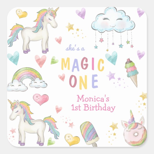 Pastel rainbow unicorn magic one birthday square sticker (Front)