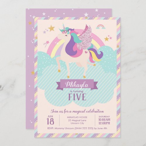 Pastel Rainbow Unicorn Magical Birthday Cute Invitation