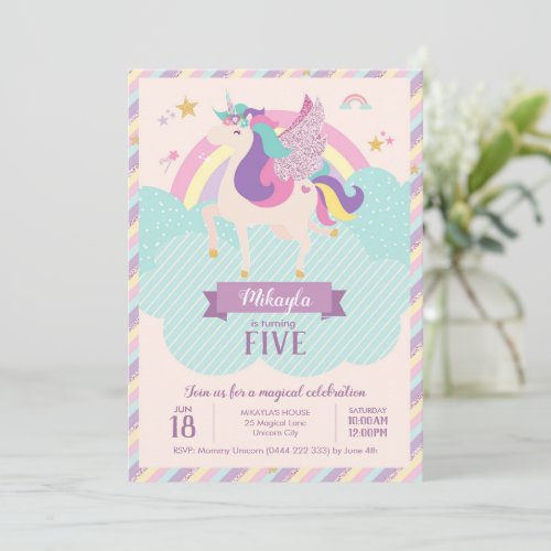 Pastel Rainbow Unicorn Magical Birthday Cute Invitation