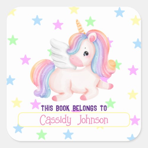 Pastel rainbow unicorn name bookplate