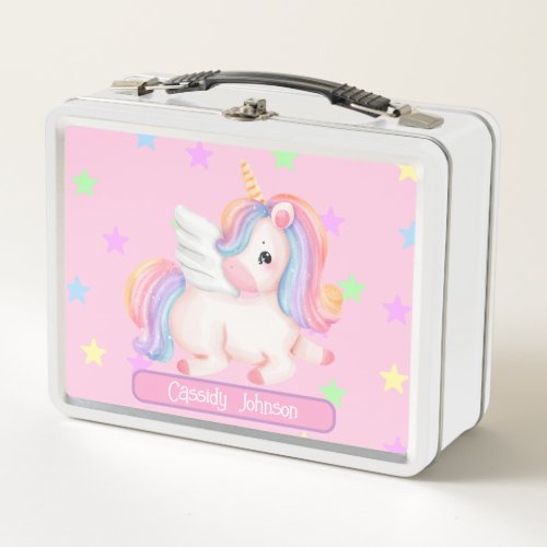 Pastel rainbow unicorn name bookplate metal lunch box