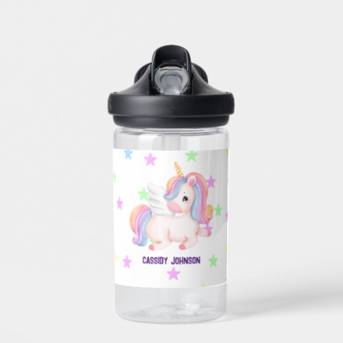 Pastel rainbow unicorn name bookplate water bottle