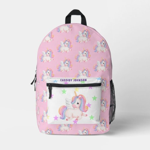 Pastel rainbow unicorn name  printed backpack