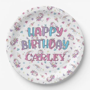 Pastel Rainbow Unicorn Pattern Happy Birthday Paper Plates