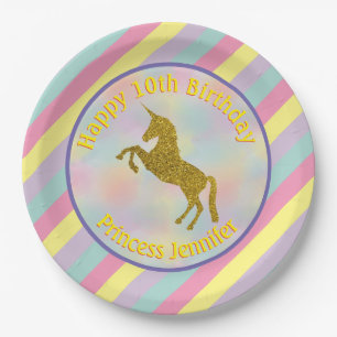 Pastel Rainbow Unicorn Personalized Birthday Paper Plates