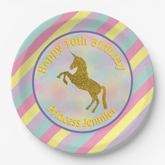 Pastel Rainbow Unicorn Personalized Birthday Paper Plates (Front)