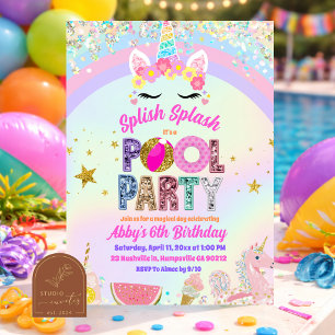 Pastel Rainbow Unicorn Pool party Invitation