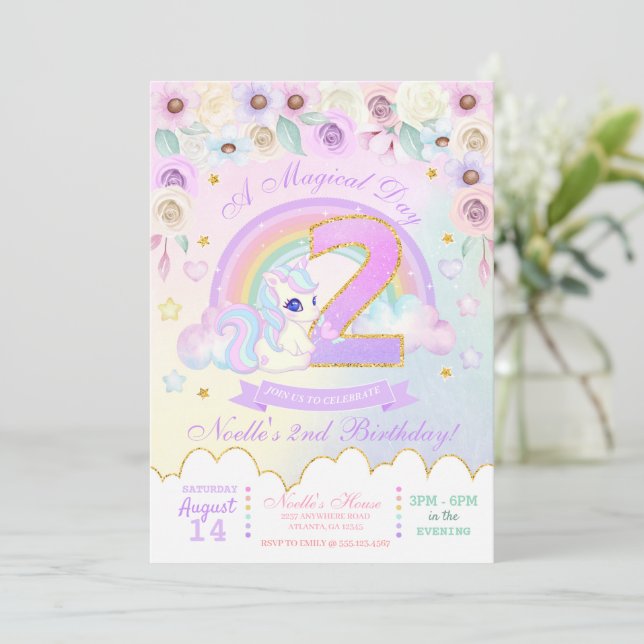 Pastel Rainbow Unicorn Second Birthday Invitation (Standing Front)