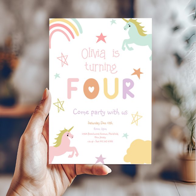 Pastel Rainbow Unicorn Stars Fourth Birthday  Invitation (Creator Uploaded)