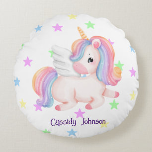 Pastel rainbow unicorn stars round pillow