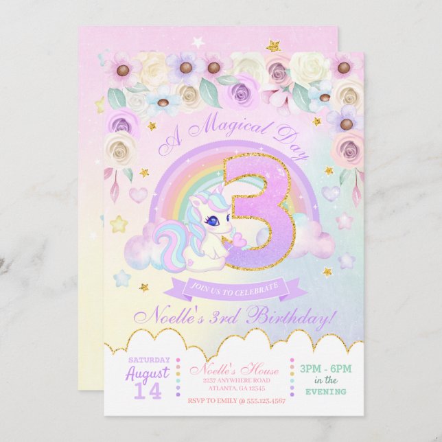 Pastel Rainbow Unicorn Third Birthday Invitation (Front/Back)