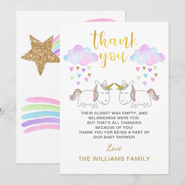 Pastel Rainbow Unicorn Twin Baby Shower Thank You Card (Front/Back)