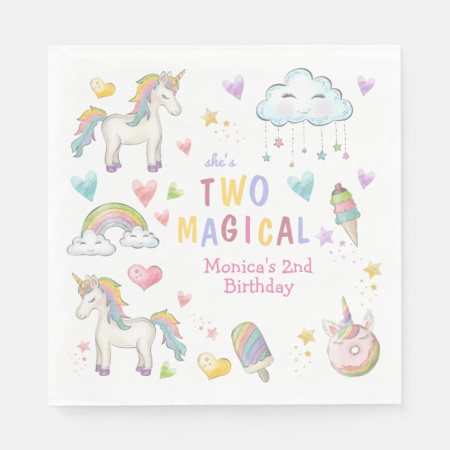 Pastel rainbow unicorn two magical birthday napkins (Front)