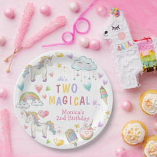 Pastel rainbow unicorn two magical birthday paper plates