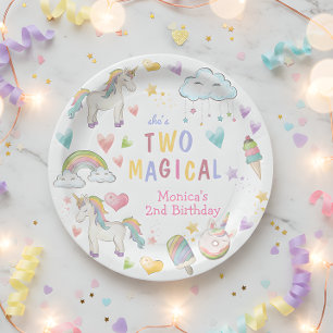 Pastel rainbow unicorn two magical birthday paper plates