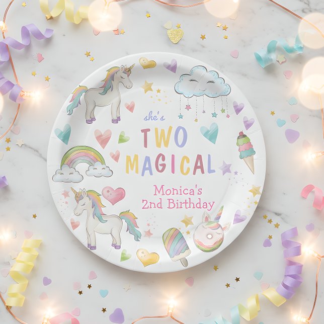Pastel rainbow unicorn two magical birthday paper plates (Creator Uploaded)