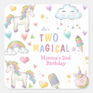 Pastel rainbow unicorn two magical birthday square sticker