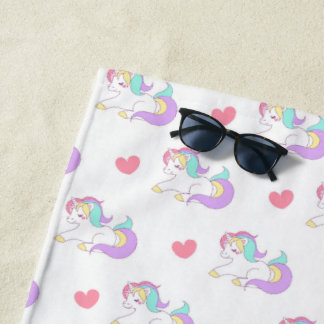 Pastel Rainbow Unicorns and Hearts Pattern Beach Towel