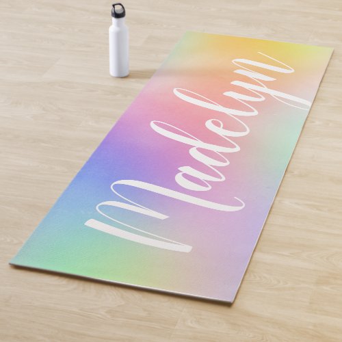 Pastel Rainbow Watercolor Custom Script Name Yoga Mat