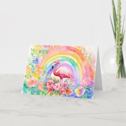 Pastel Rainbow Watercolor Floral Flamingo Card