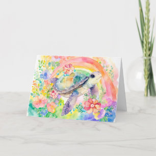 Pastel Rainbow Watercolor Floral Sea Turtle Card