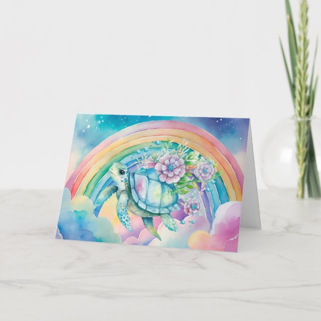 Pastel Rainbow Watercolor Floral Sea Turtle Card (Front)