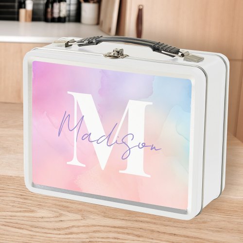 Pastel Rainbow Watercolor Monogram Metal Lunch Box