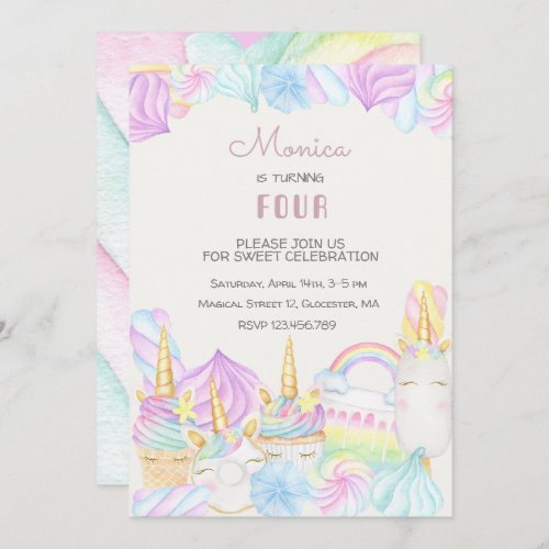 Pastel rainbow watercolor unicorn sweets birthday invitation