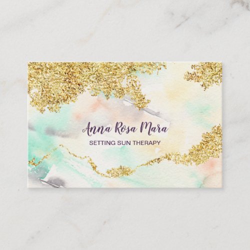  Pastel  Rainbow Watercolor Wash  Gold Glitter Business Card