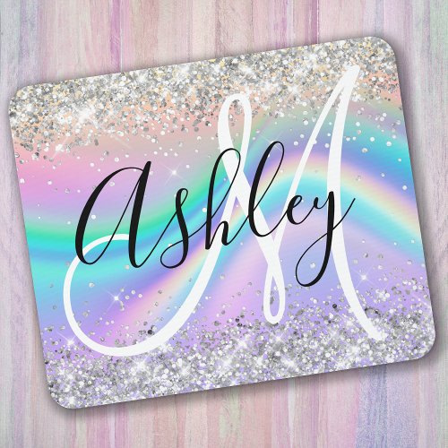 Pastel Rainbow Wave Ombre Silver Glitter Monogram Mouse Pad